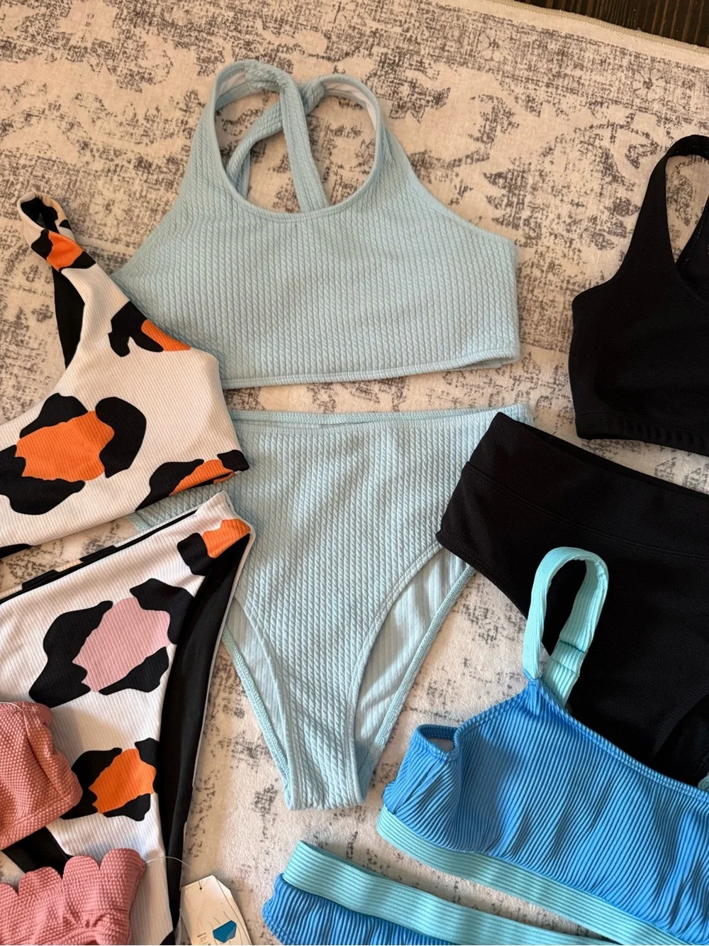 Women's Ribbed Light Blue High-Neck Bikini Set